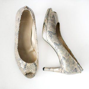 Stuart Weitzman tan snakeskin peep toe heels